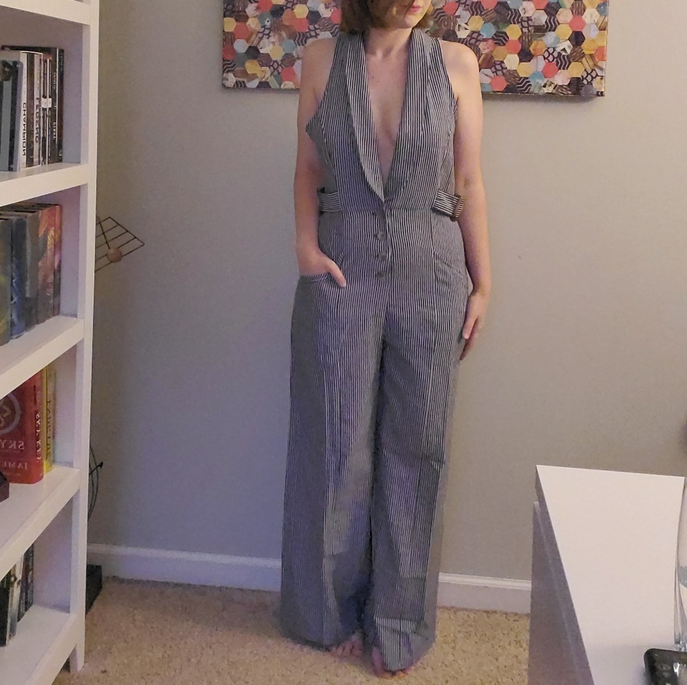 Navy & White Striped Jumpsuit